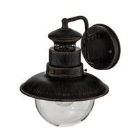 Angled view of the Erdo Rust Lantern Outdoor Wall Light showing the curved iron arm and wall plate
