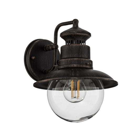 Erdo Rust Lantern Outdoor Wall Light on a plain white background showing the rust brown shade and clear glass globe