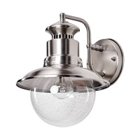 Gwena outdoor wall light on a plain white background, showing the brushed stainless steel shade and clear glass globe