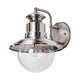 Gwena outdoor wall light on a plain white background, showing the brushed stainless steel shade and clear glass globe