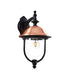 Clivo copper outdoor wall light on a plain white background, showing the black frame, domed copper roof and clear lantern diffuser