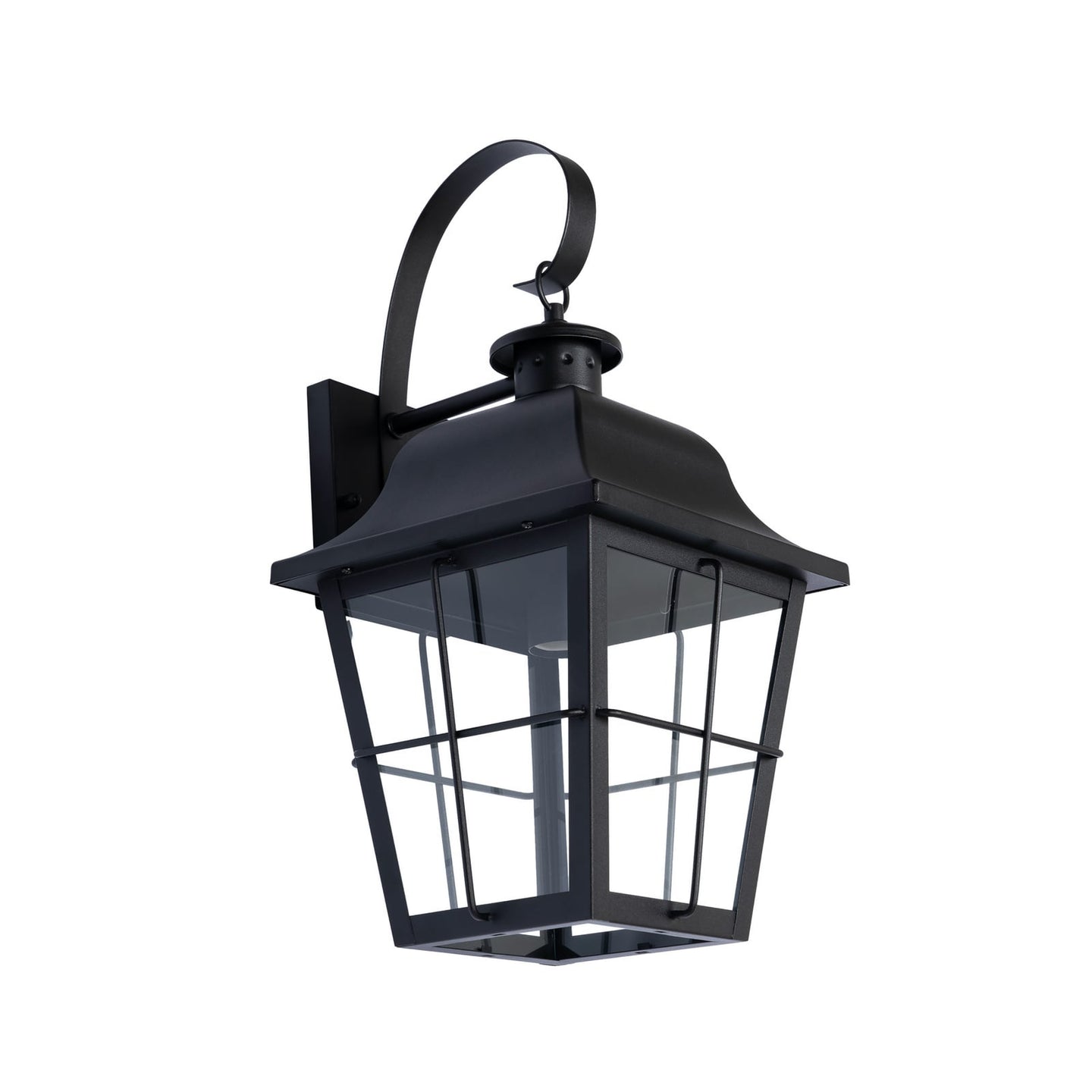 Merto caged lantern outdoor wall light in black iron with clear glass panes on a plain white background
