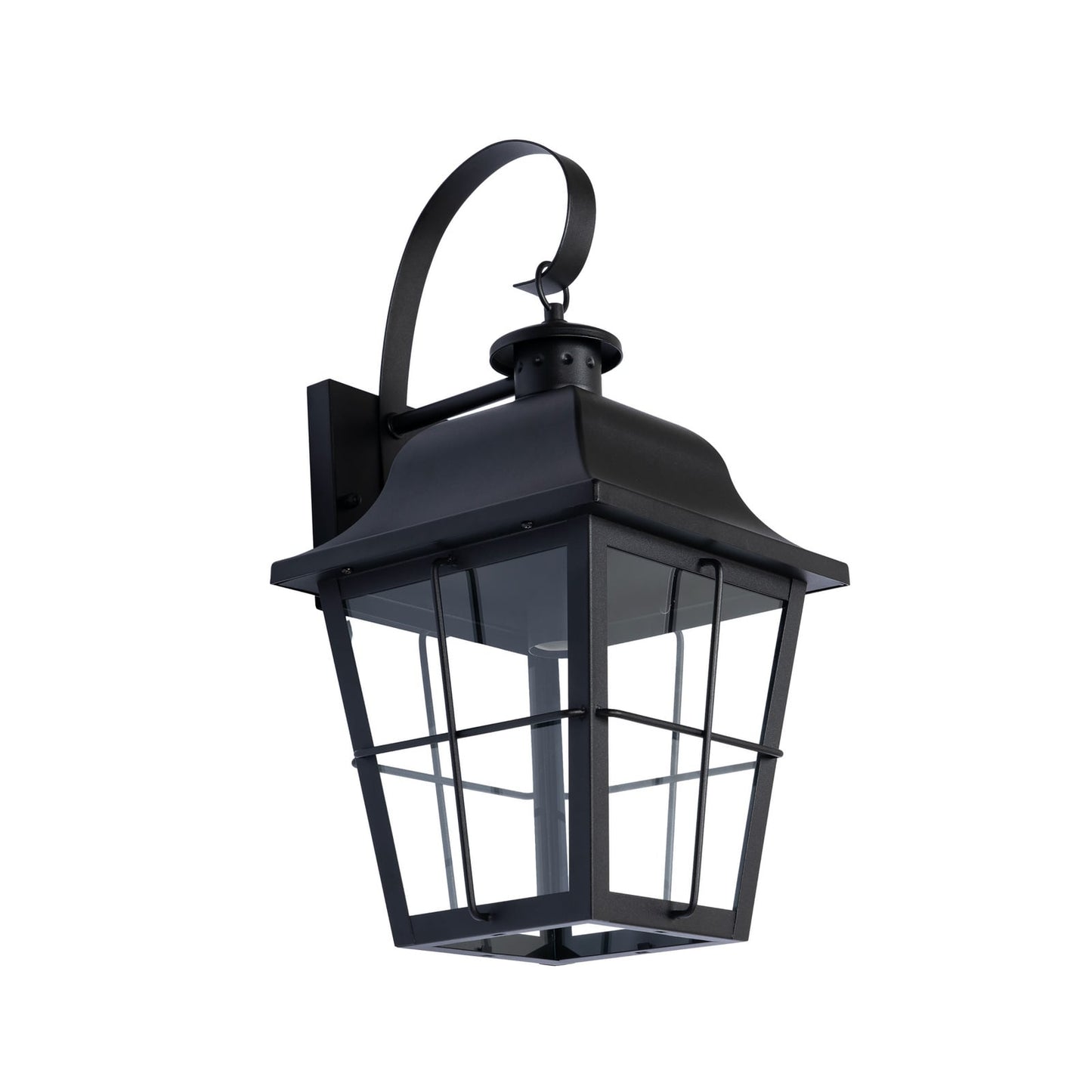 Merto caged lantern outdoor wall light in black iron with clear glass panes on a plain white background