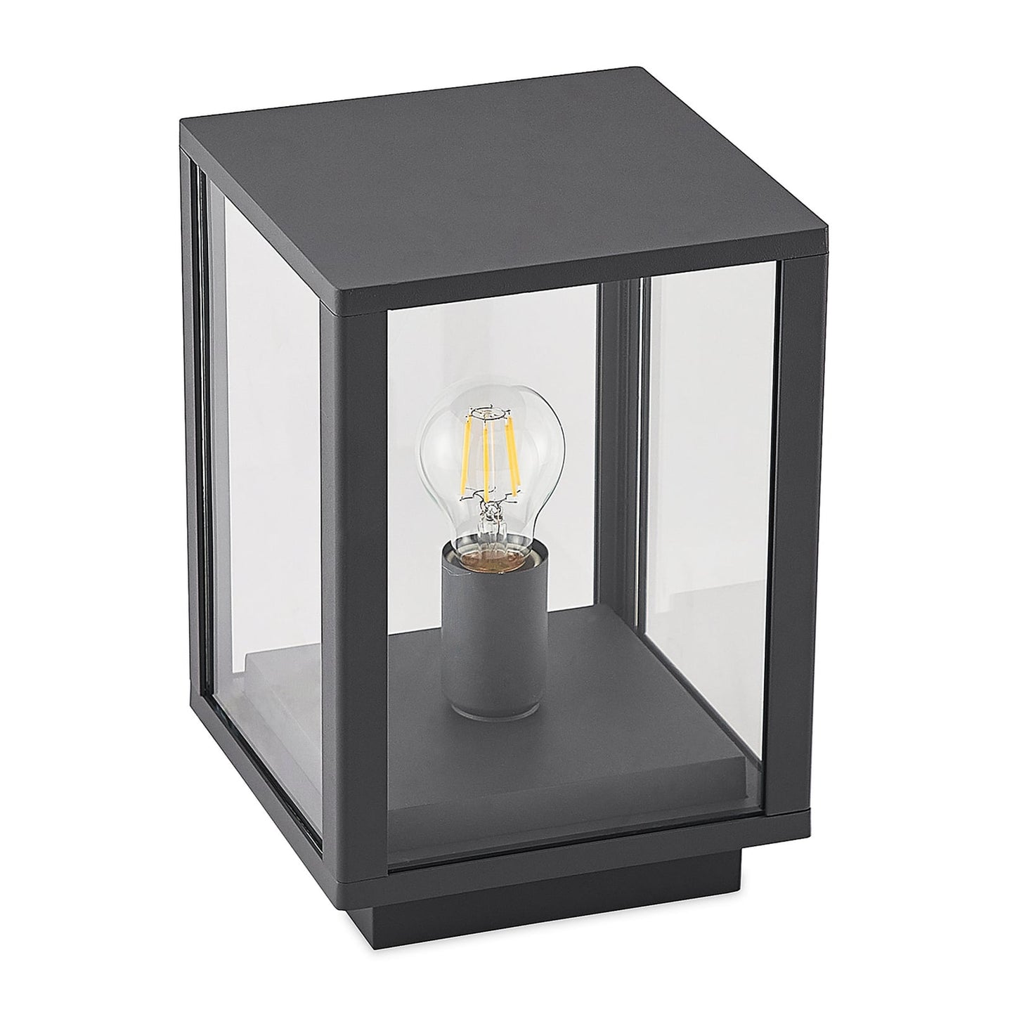 Giva pillar post light seen from a three quarter angle on a plain white background, showing the flat top cap and the stepped base plate