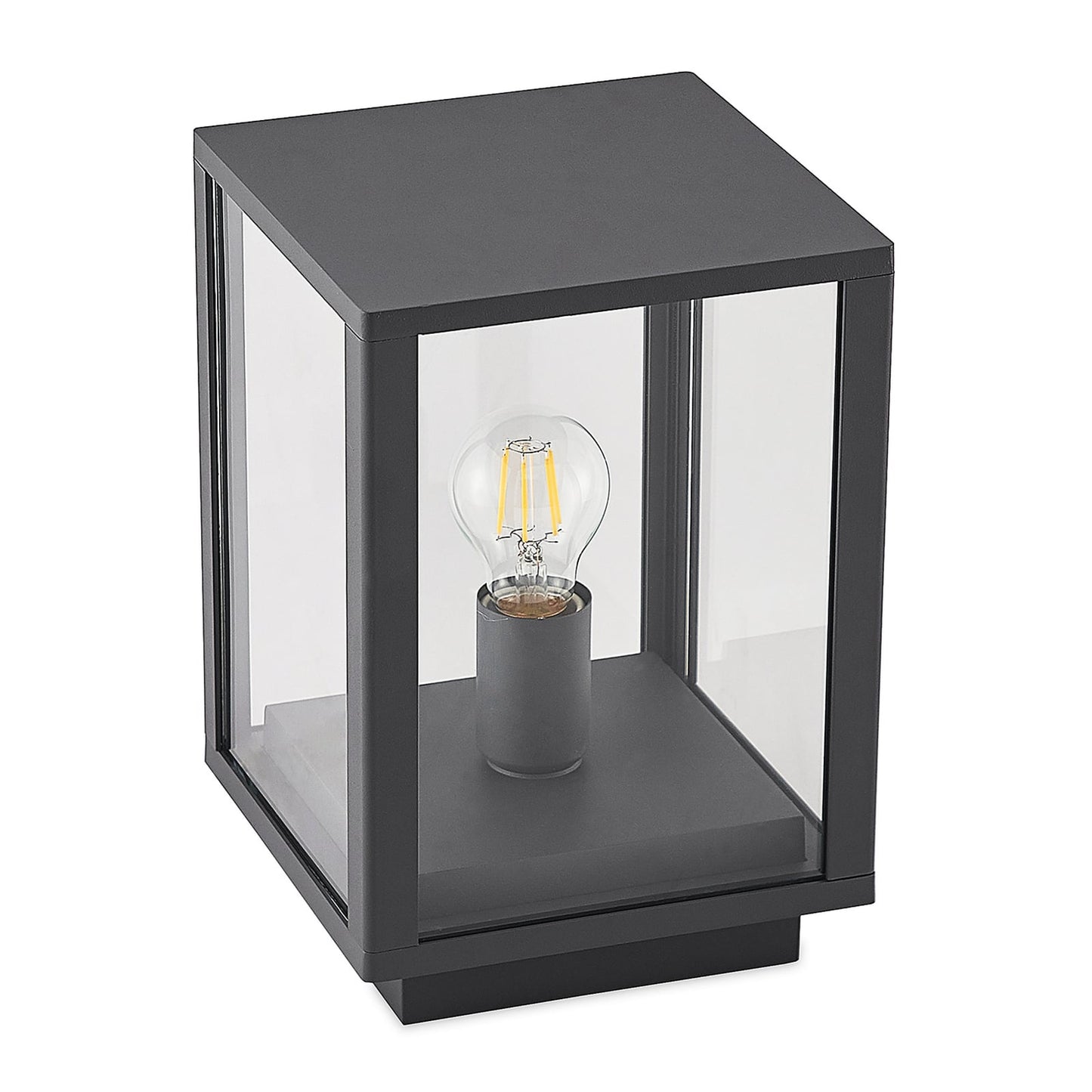 Giva pillar post light seen from a three quarter angle on a plain white background, showing the flat top cap and the stepped base plate