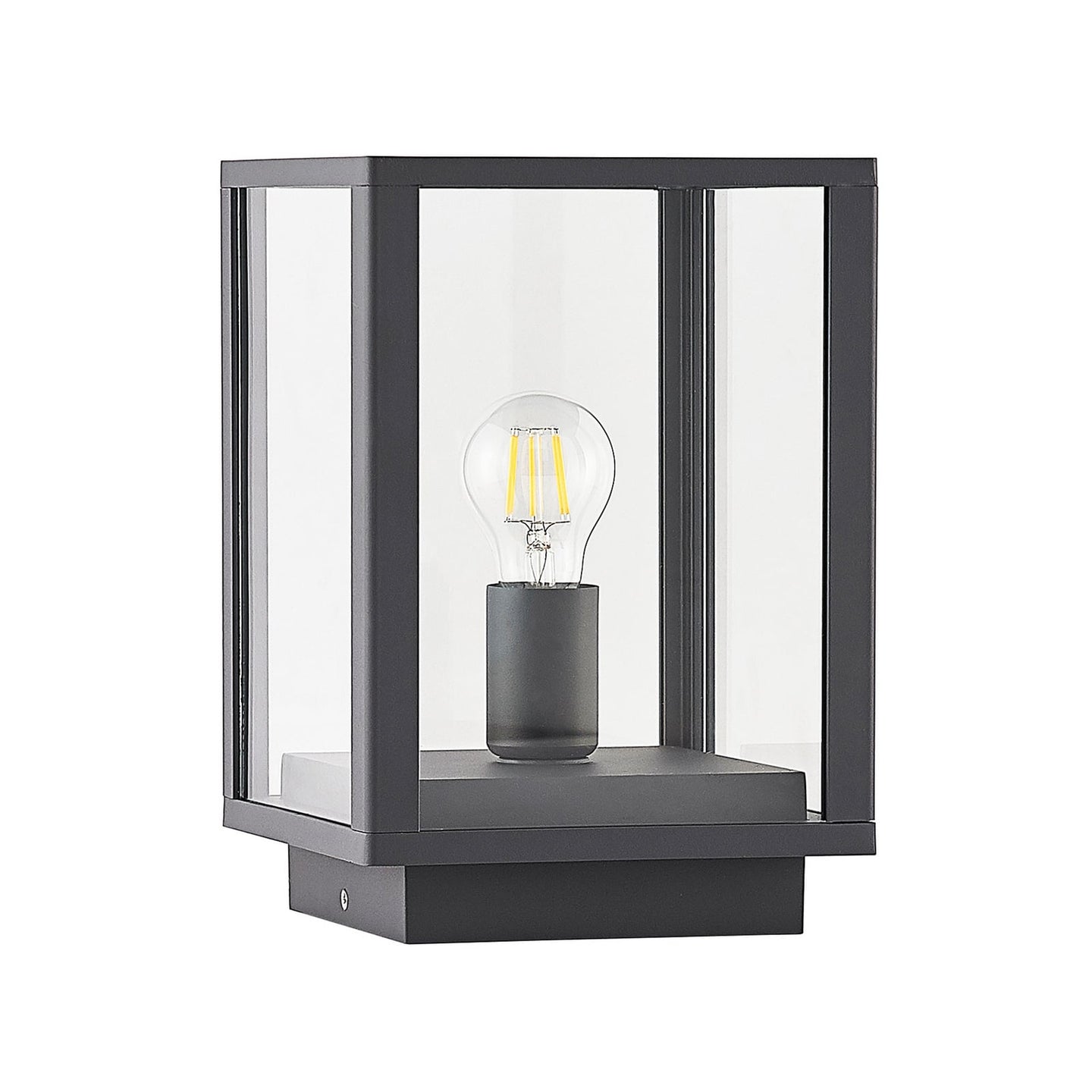 Giva pillar post light on a plain white background, square anthracite aluminium frame with clear glass panes and a filament bulb inside