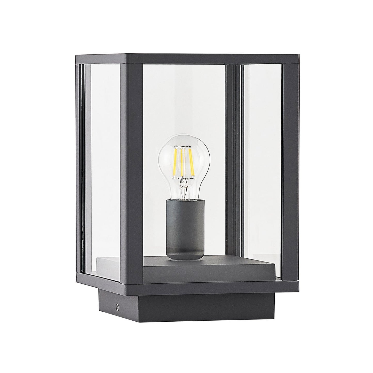 Giva pillar post light on a plain white background, square anthracite aluminium frame with clear glass panes and a filament bulb inside