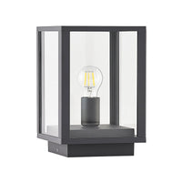 Giva pillar post light on a plain white background, square anthracite aluminium frame with clear glass panes and a filament bulb inside