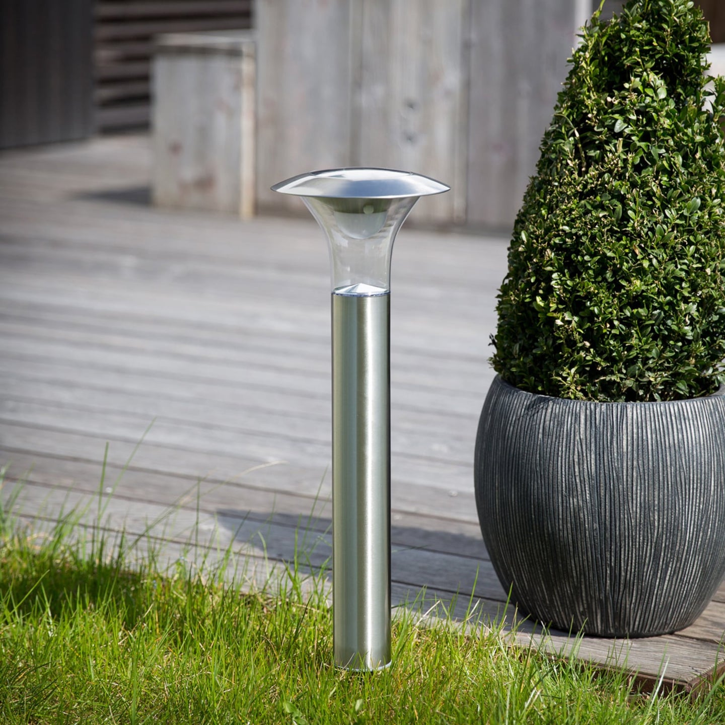 Jolo solar spike light head in brushed stainless steel on a plain white background showing the disc top and clear diffuser