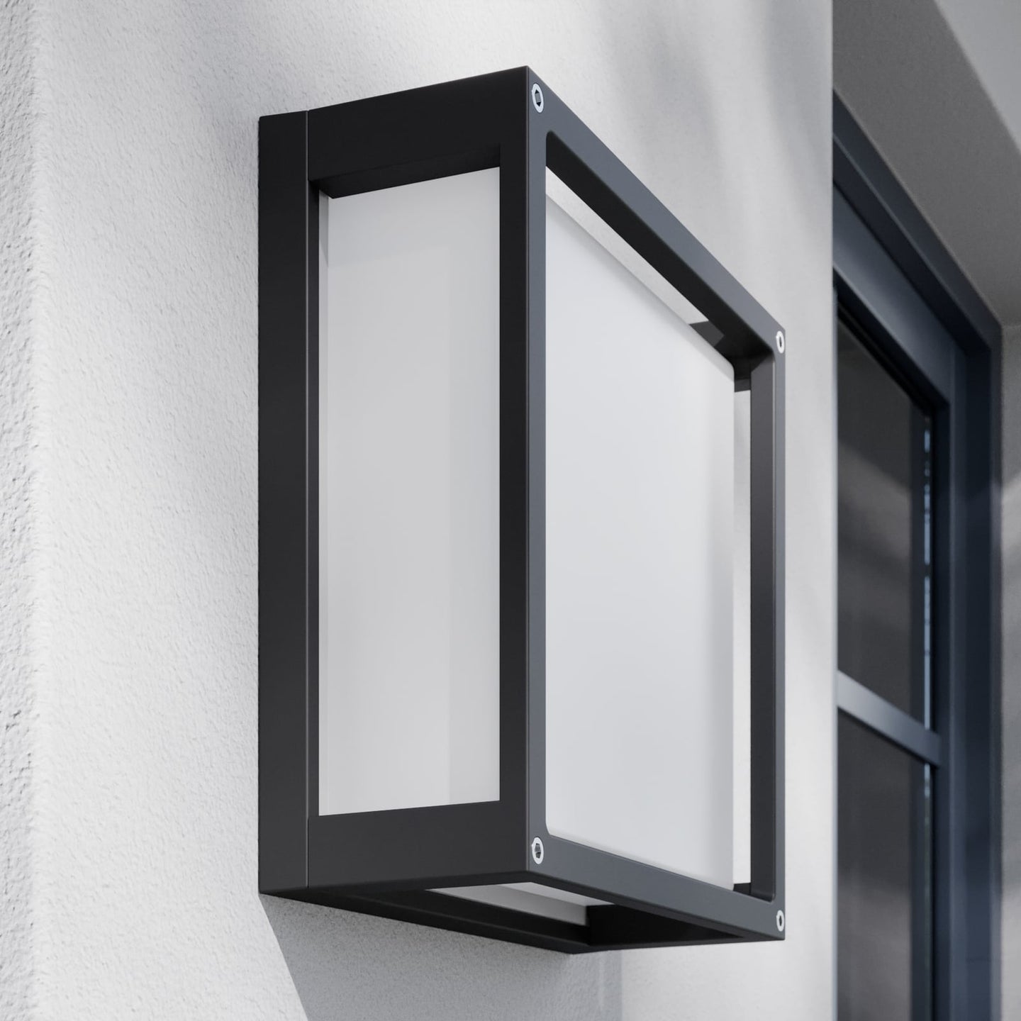 Angled view of the Auri square outdoor wall light showing the shallow 9.5 cm projection and the glazed side panel