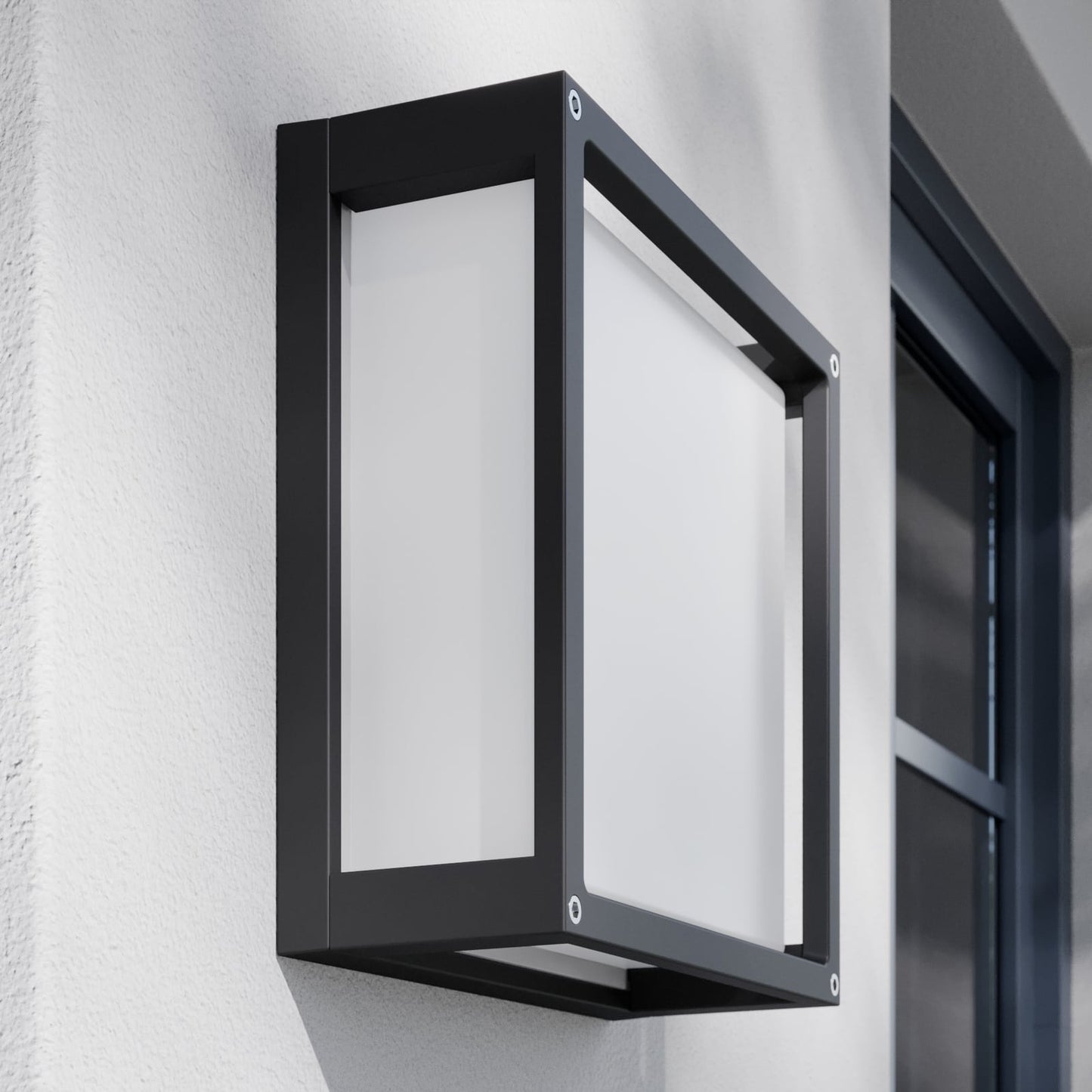 Angled view of the Auri square outdoor wall light showing the shallow 9.5 cm projection and the glazed side panel