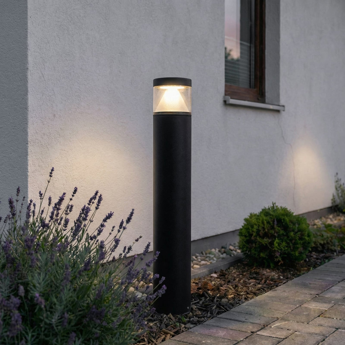 Darjo Tall Bollard Light lit beside a lavender border and rendered wall