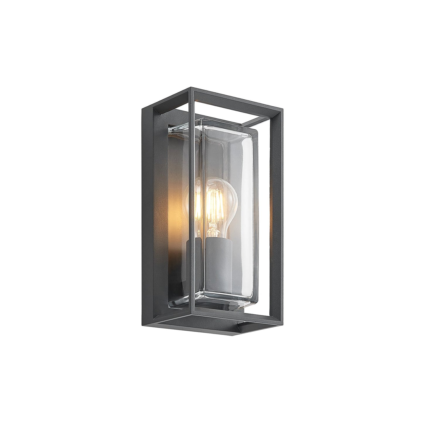 Isra lantern outdoor wall light on a plain white background, dark grey aluminium cage around a clear glass tube with a filament bulb