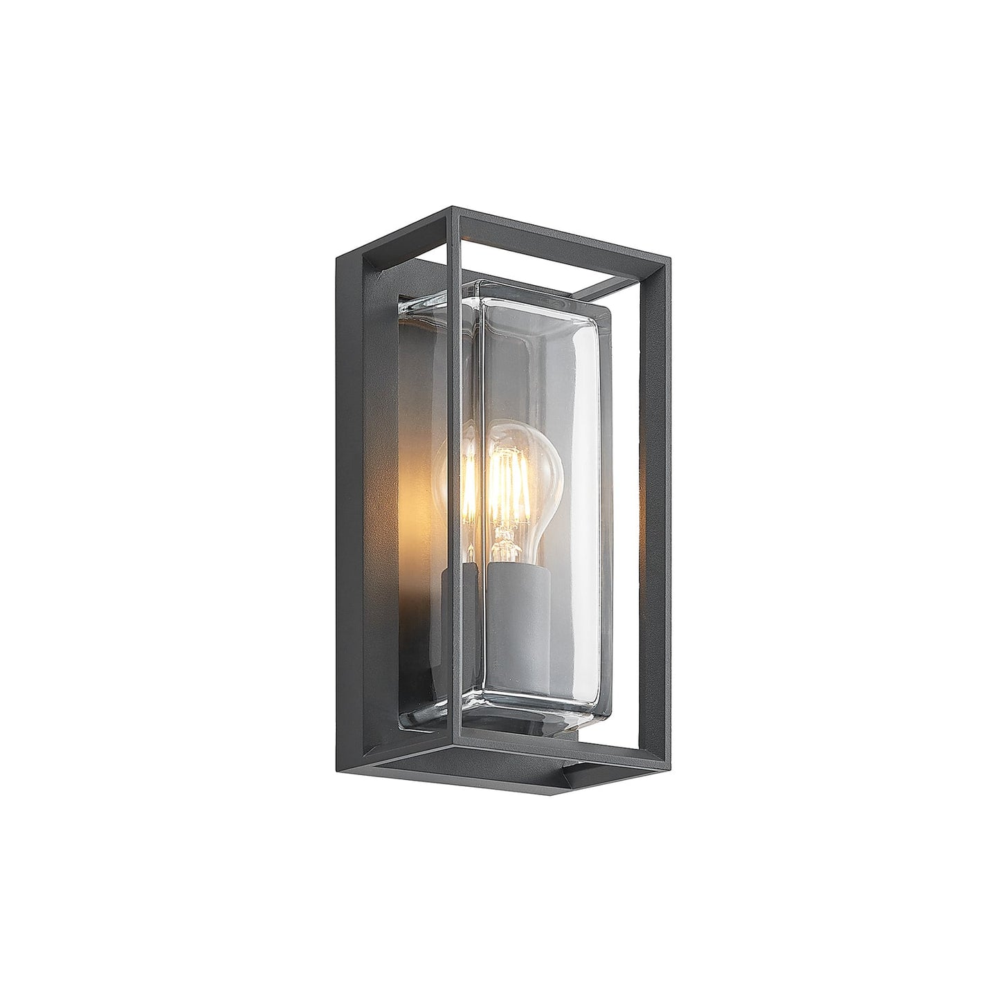 Isra lantern outdoor wall light on a plain white background, dark grey aluminium cage around a clear glass tube with a filament bulb