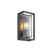 Isra lantern outdoor wall light on a plain white background, dark grey aluminium cage around a clear glass tube with a filament bulb