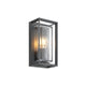 Isra lantern outdoor wall light on a plain white background, dark grey aluminium cage around a clear glass tube with a filament bulb
