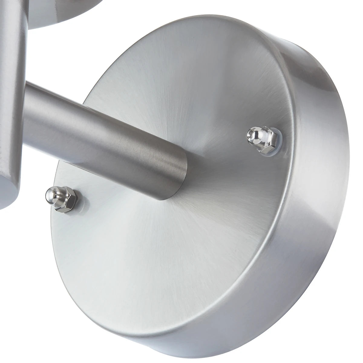 Detail of the round stainless steel wall plate and arm on the Davo outdoor light