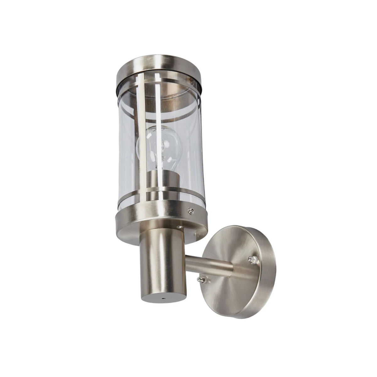 Davo cylinder outdoor wall light in brushed stainless steel on a plain white background
