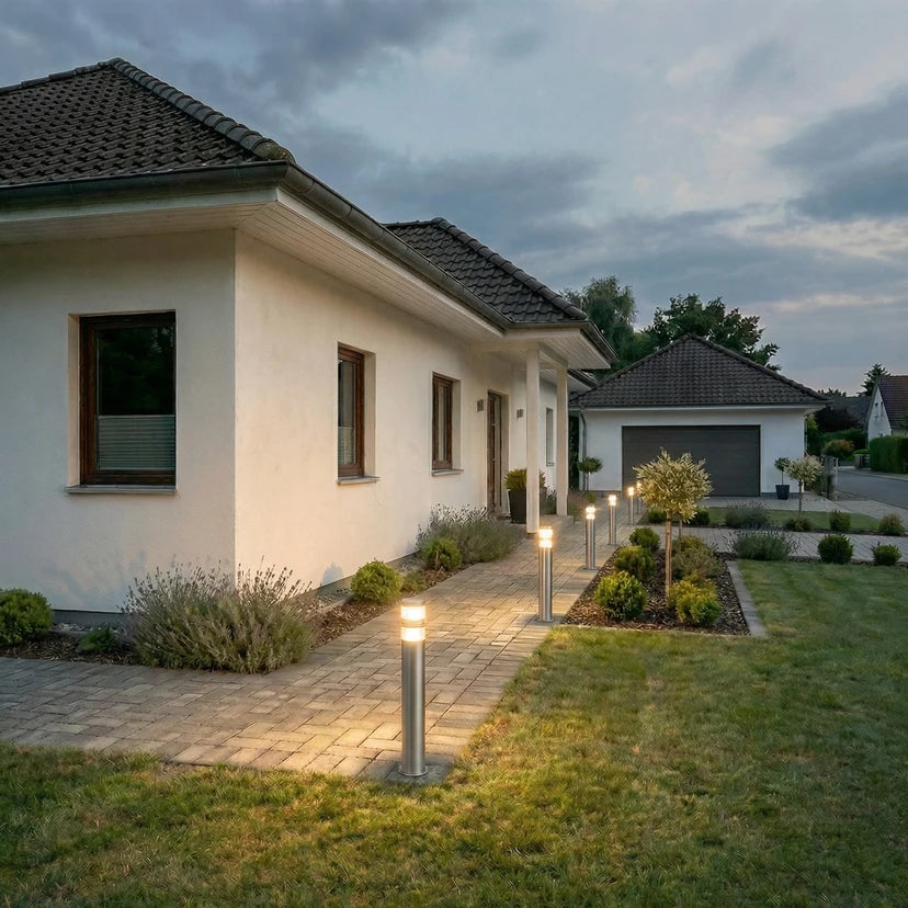 Row of Vestro path post lights along a driveway and front garden path at dusk