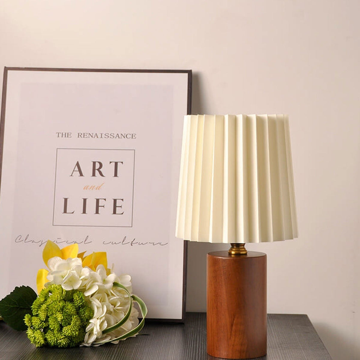 Pleated Column Wood Base Table Lamp 31cm
