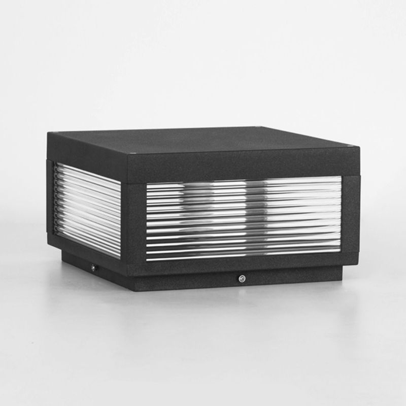 Sentry square garden pillar light unlit showing black metal housing and ribbed glass