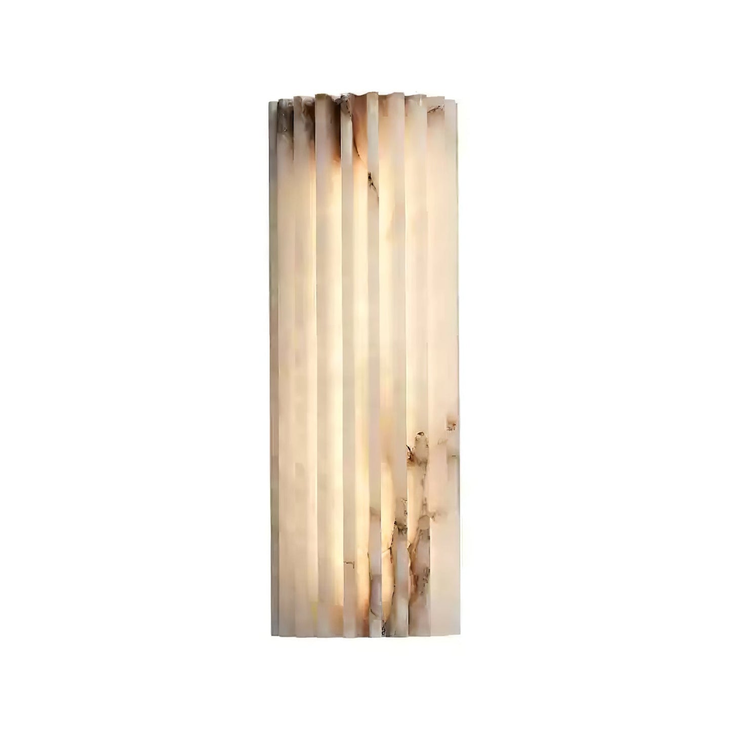 Alcaro alabaster wall light switched on, showing the warm glow through the ribbed stone panel