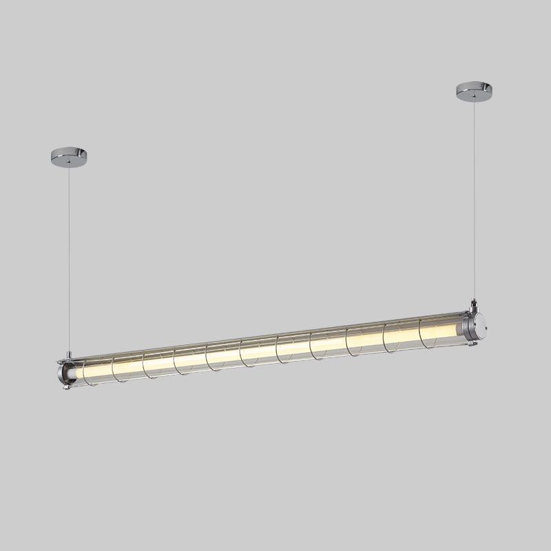 Silver Arsen linear bar pendant light suspended on two steel cables