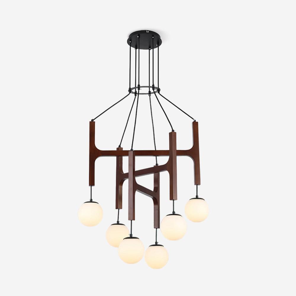 Zolven six light walnut globe chandelier on a plain white background
