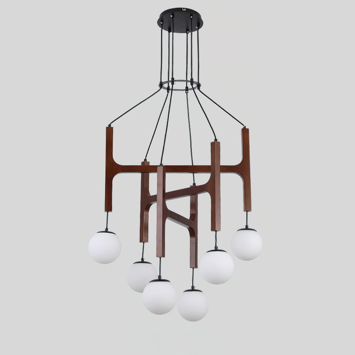 Zolven chandelier against a plain grey background showing the crossing timber bars