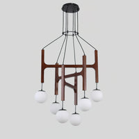 Zolven chandelier against a plain grey background showing the crossing timber bars