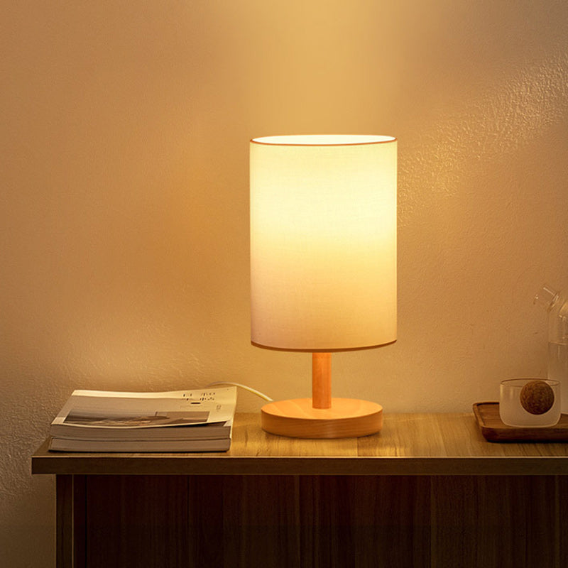 Japanese Cylinder Wood and Fabric Table Lamp