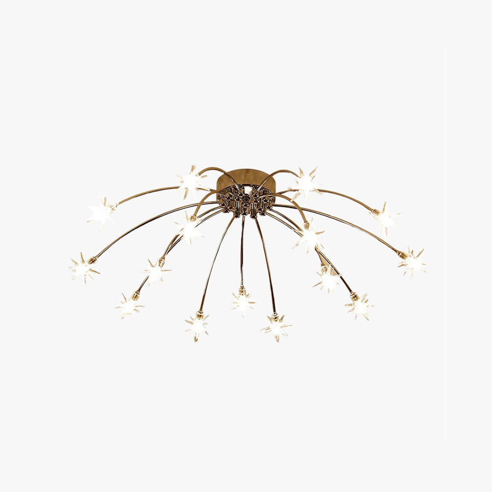 Nevaro starburst ceiling light in gold with fifteen clear glass star diffusers on a plain white background