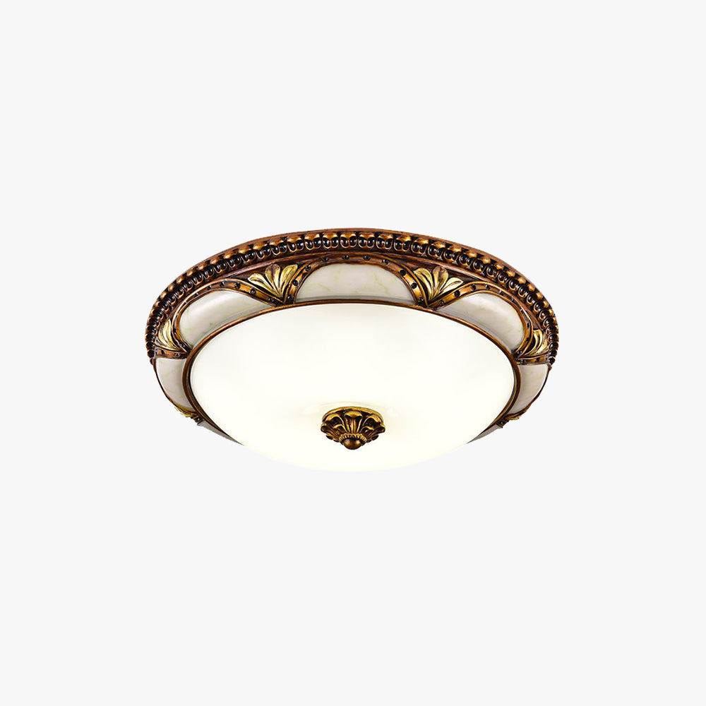 Epora Antique Brass Ceiling Light on a plain white background showing the ornate brass rim and frosted glass dome