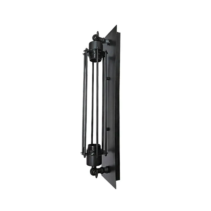 Trono wall light unlit on a plain background, showing the black backplate, end caps and slim rod cage