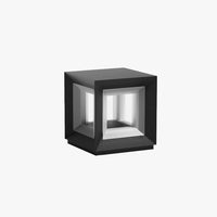 Dravo cube outdoor pillar light in matt black with louvred windows, shown on a plain white background