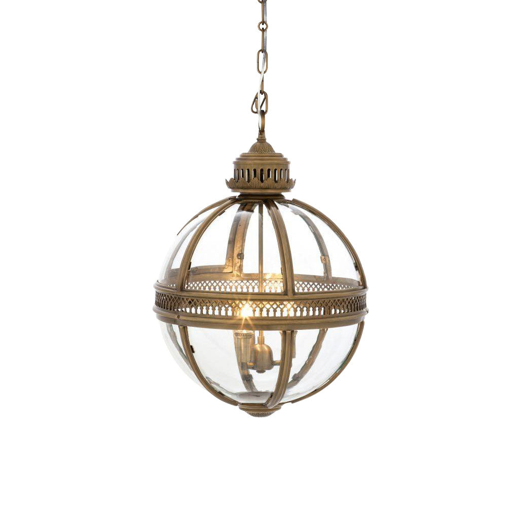 Edvo Retro Globe Pendant Light on a plain white background showing the brass banded glass globe