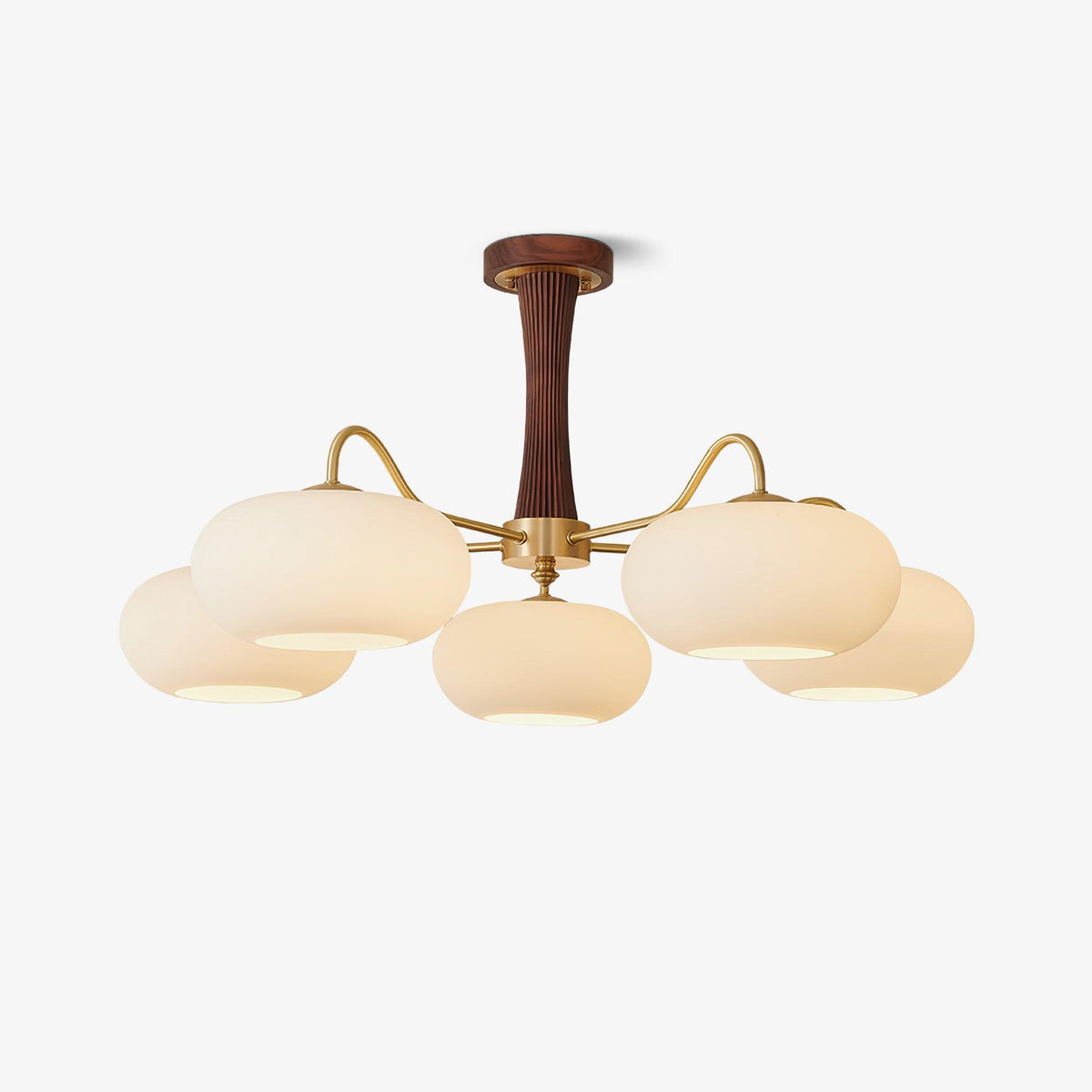 Sova Persimmon Glass Brass Chandelier - five frosted glass globes on antique brass arms with dark walnut column, plain background