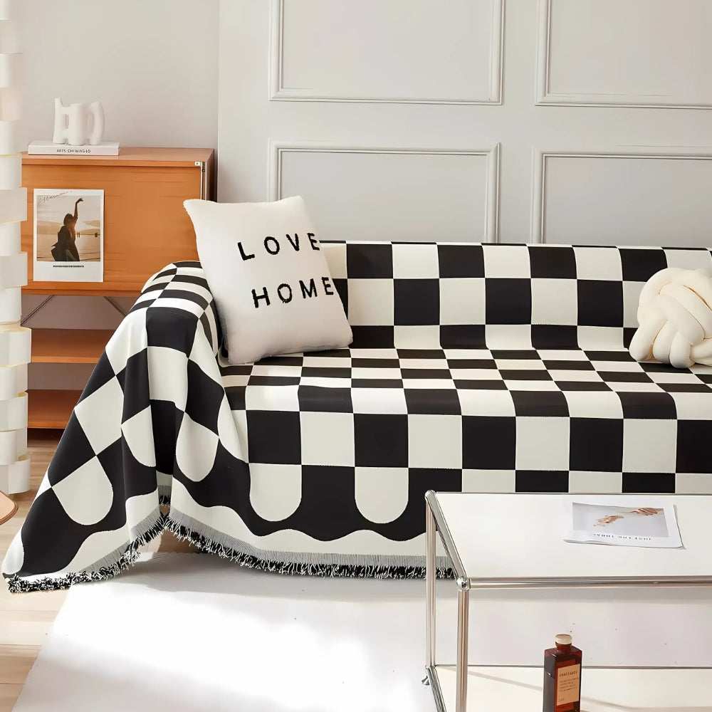 Chequerboard Tasselled Sofa Cover