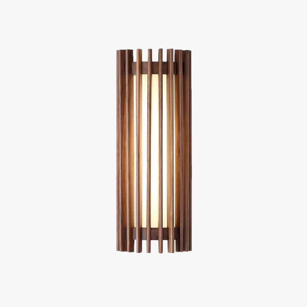Neyro wall light on a plain background showing the walnut finish slat cage from a front angle