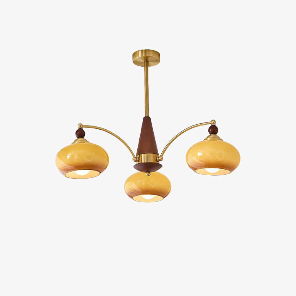 Remi retro 3-arm chandelier caramel amber glass plain background
