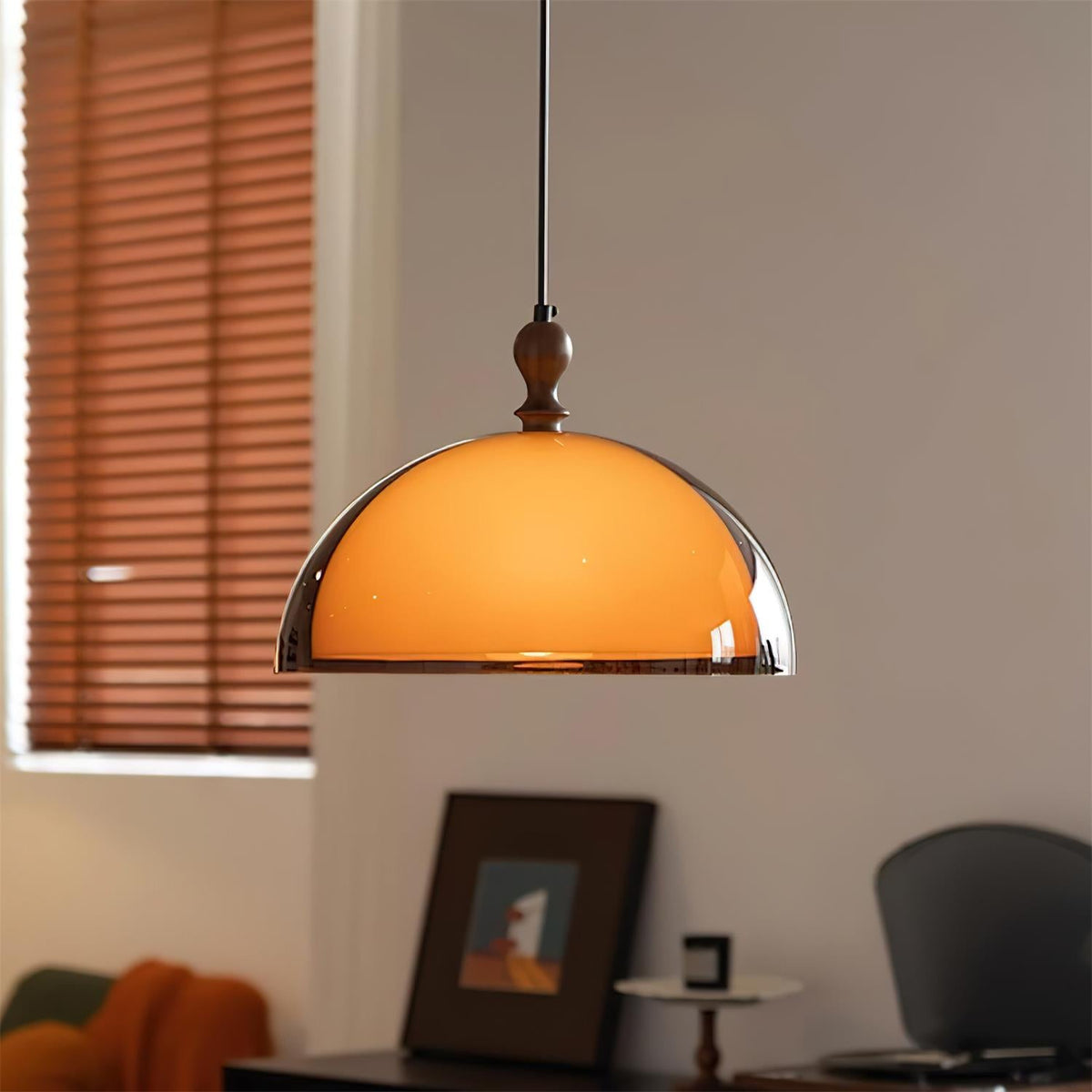 Delvec amber dome pendant in contemporary living room with wooden blinds