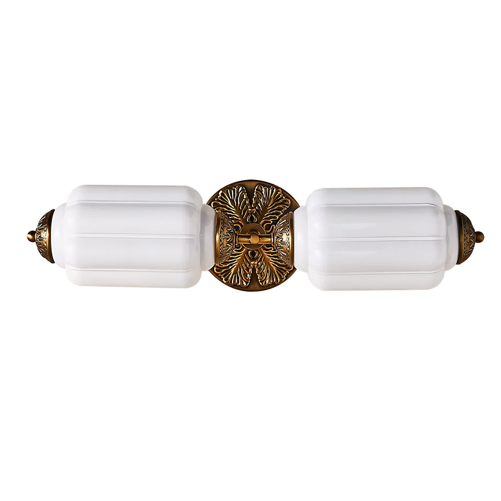 Lanto Horizontal Milk Glass Wall Light with two fluted white glass shades and brass centre rosette on a white background