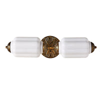 Lanto Horizontal Milk Glass Wall Light with two fluted white glass shades and brass centre rosette on a white background