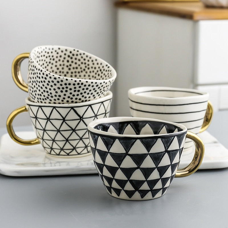 Geometric Ceramic Mug, Gold Handle