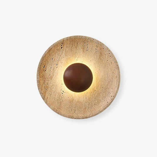 Sunda Travertine Wall Light on a plain white background showing the stone disc and walnut sphere centre