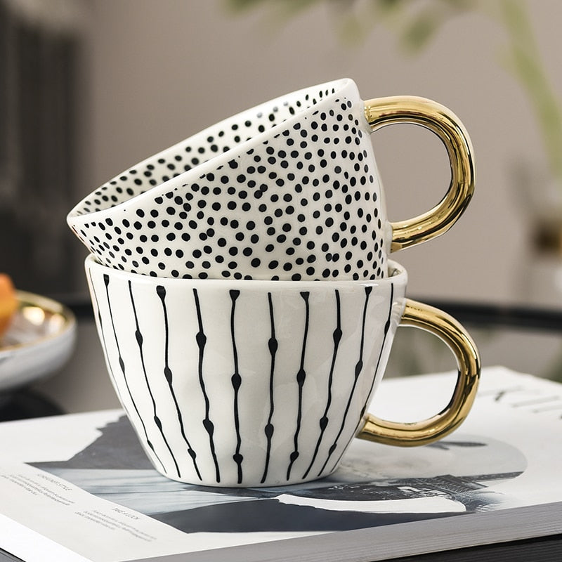 Geometric Ceramic Mug, Gold Handle