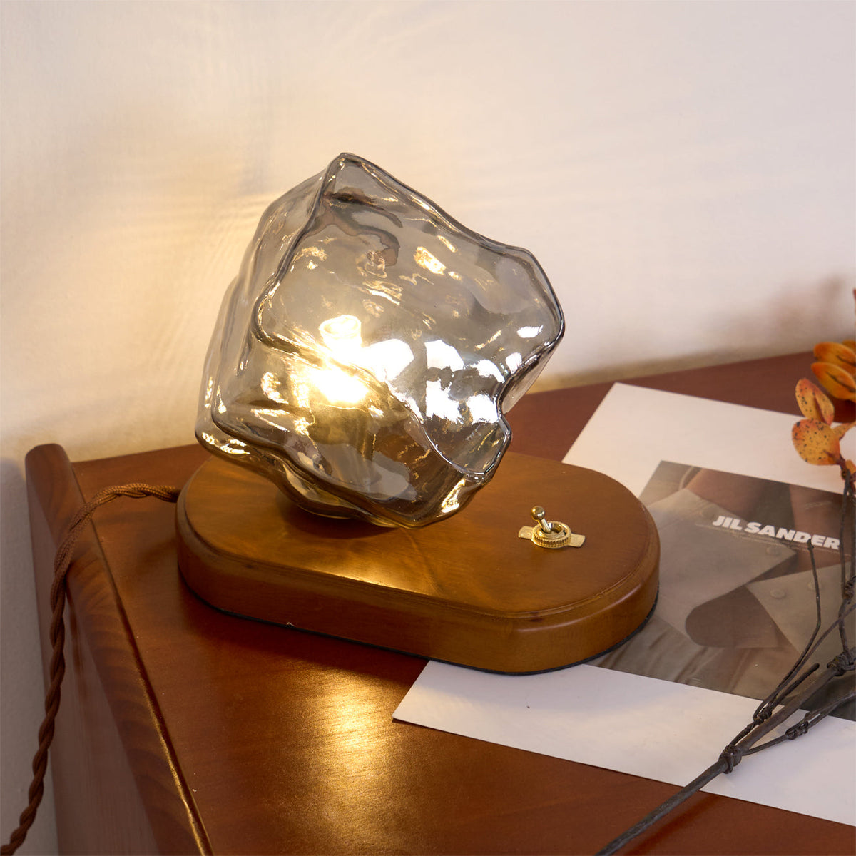 Amber Glass and Wood Table Lamp 20cm