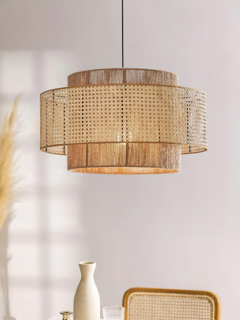 Close view of the cane and hemp rope weave on the Zena pendant light in daylight