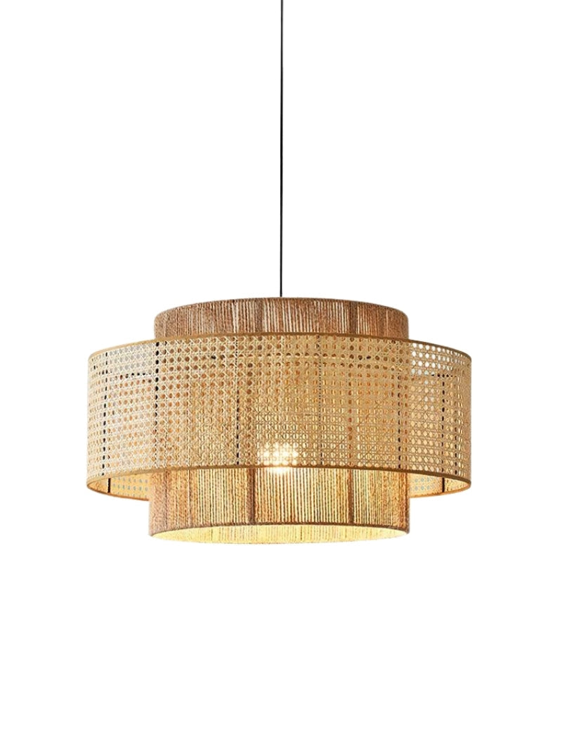 Zena two tier rattan and hemp rope drum pendant light on a plain white background