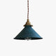 Pepa rustic cone pendant light with aged blue verdigris metal shade and brass lamp holder on a plain white background